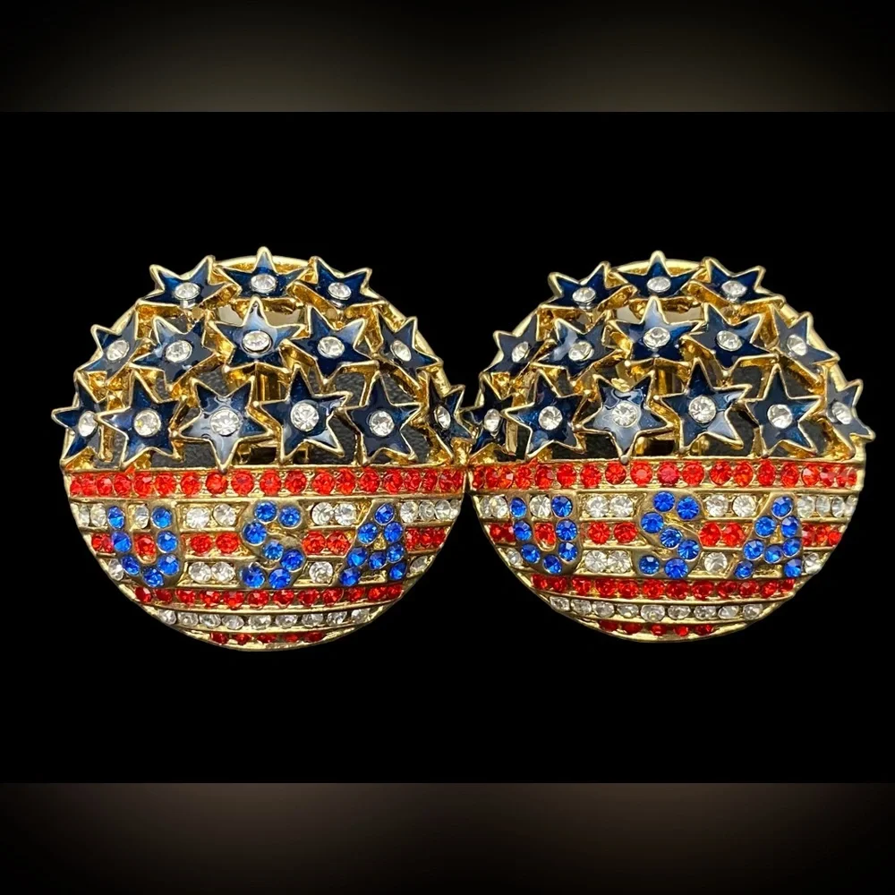 USA star Red White Blue Rhinestone US‎ Flag Clip On Earrings